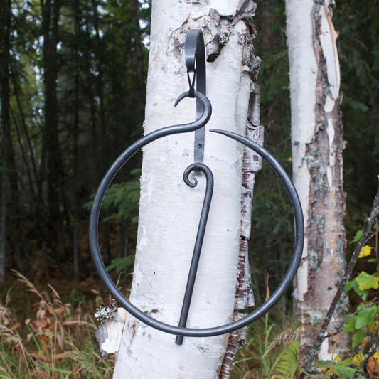 Circular shaped steel dinner bell with hanger and striker