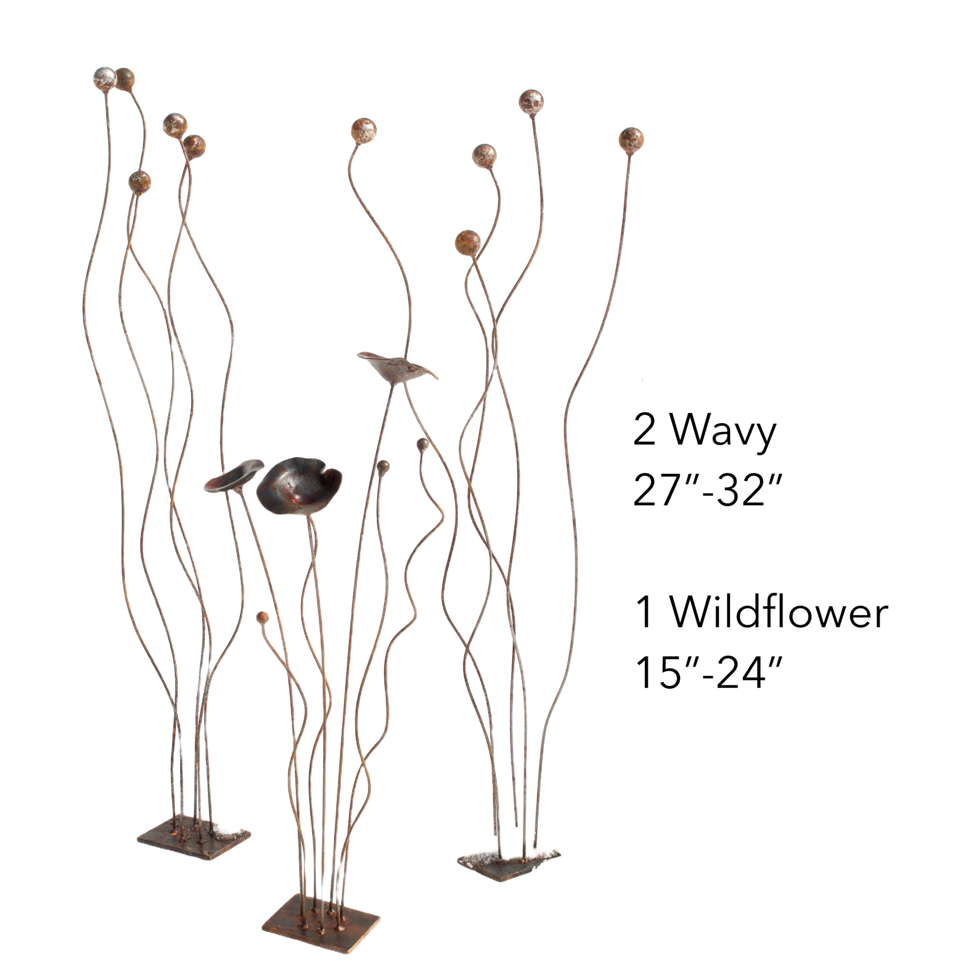 Group of  steel kinetic garden sculptures- Wavy and Wildflowers